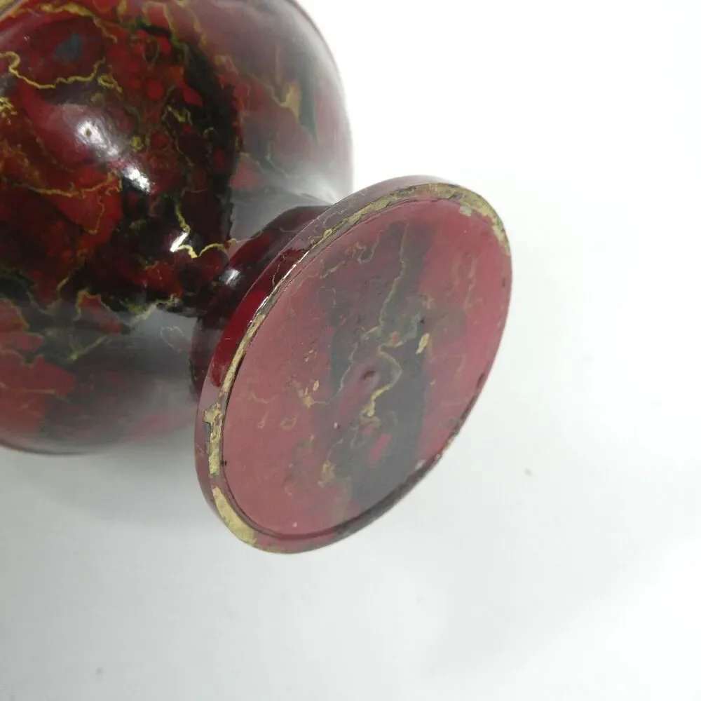 Brass Vase Red Marbled Enamel Vintage 6.5